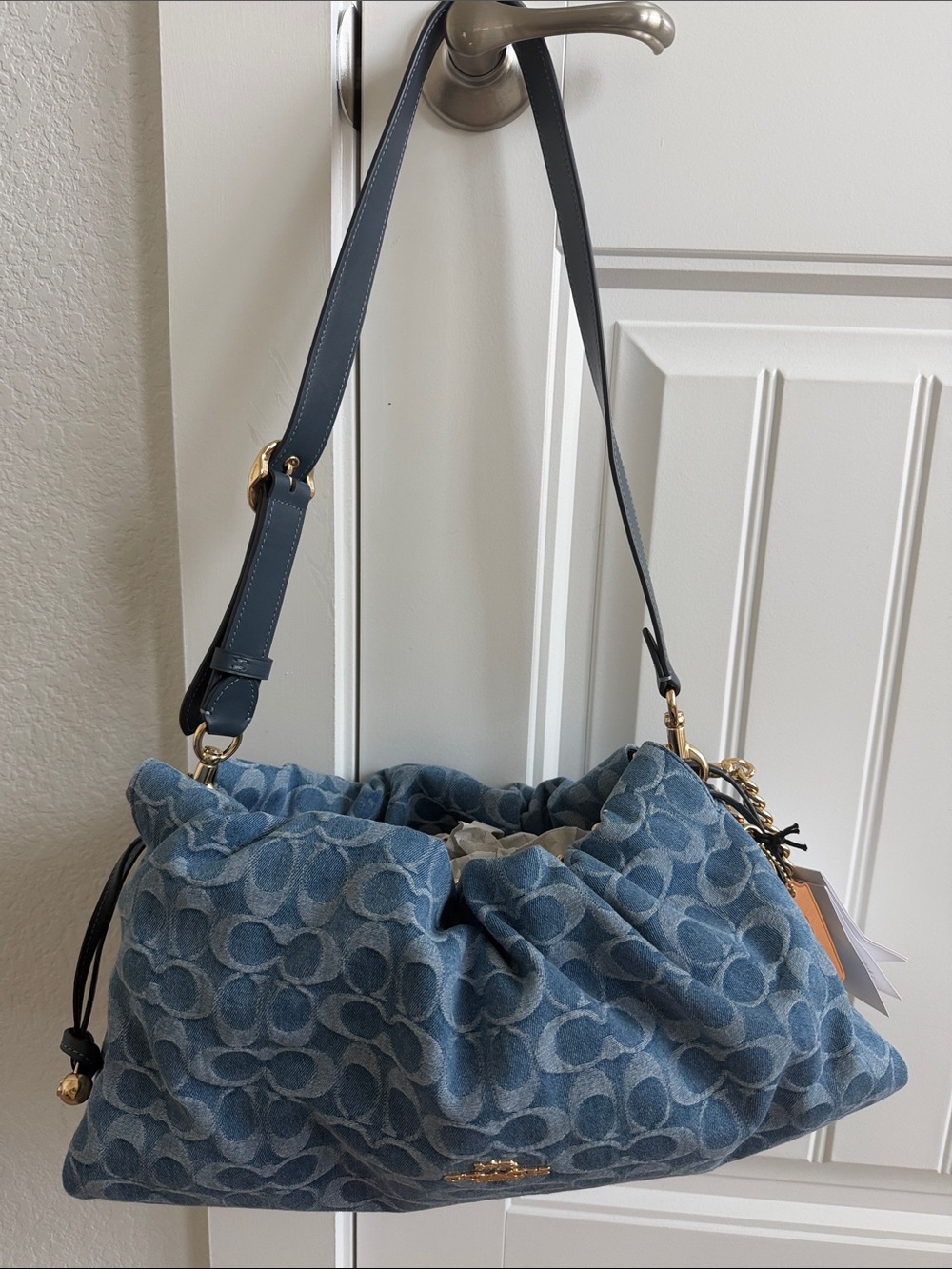 Coach Faye Large in Denim Blue Signature Drawstring Shoulder Bag